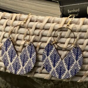 Blue and Gold Bohemian, geometric leaf pattern Drop earnings. Light wood.  New